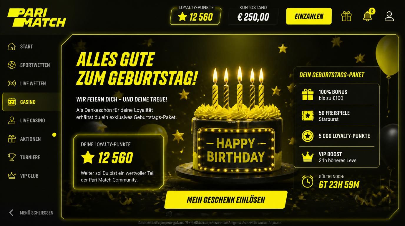 Geburtstag und Jahrestag Belohnungen, z. B. Belohnungspaket mit Punktezuwachs und Bonusfreispielen
