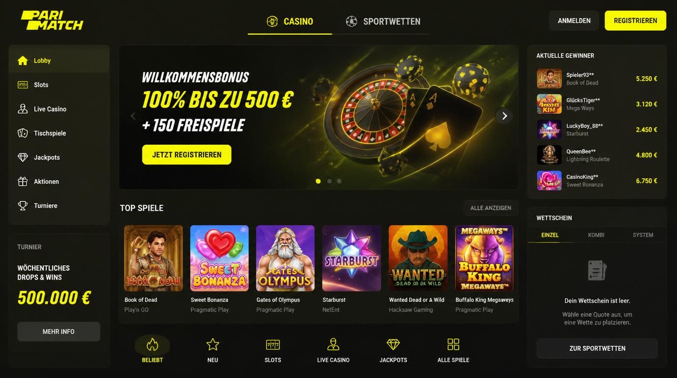 Wechsel zwischen Casino und Sportwetten in der Parimatch App bei Nachtmodus