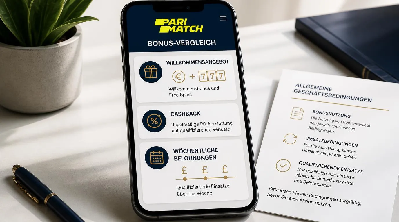 Smartphone mit übersichtlichen Bonuskarten für Willkommensangebot, Cashback und wöchentliche Prämien