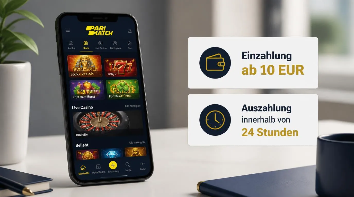 Casino-Oberfläche auf einem Smartphone mit 10 EUR Mindesteinzahlung und Auszahlung innerhalb von 24 Stunden