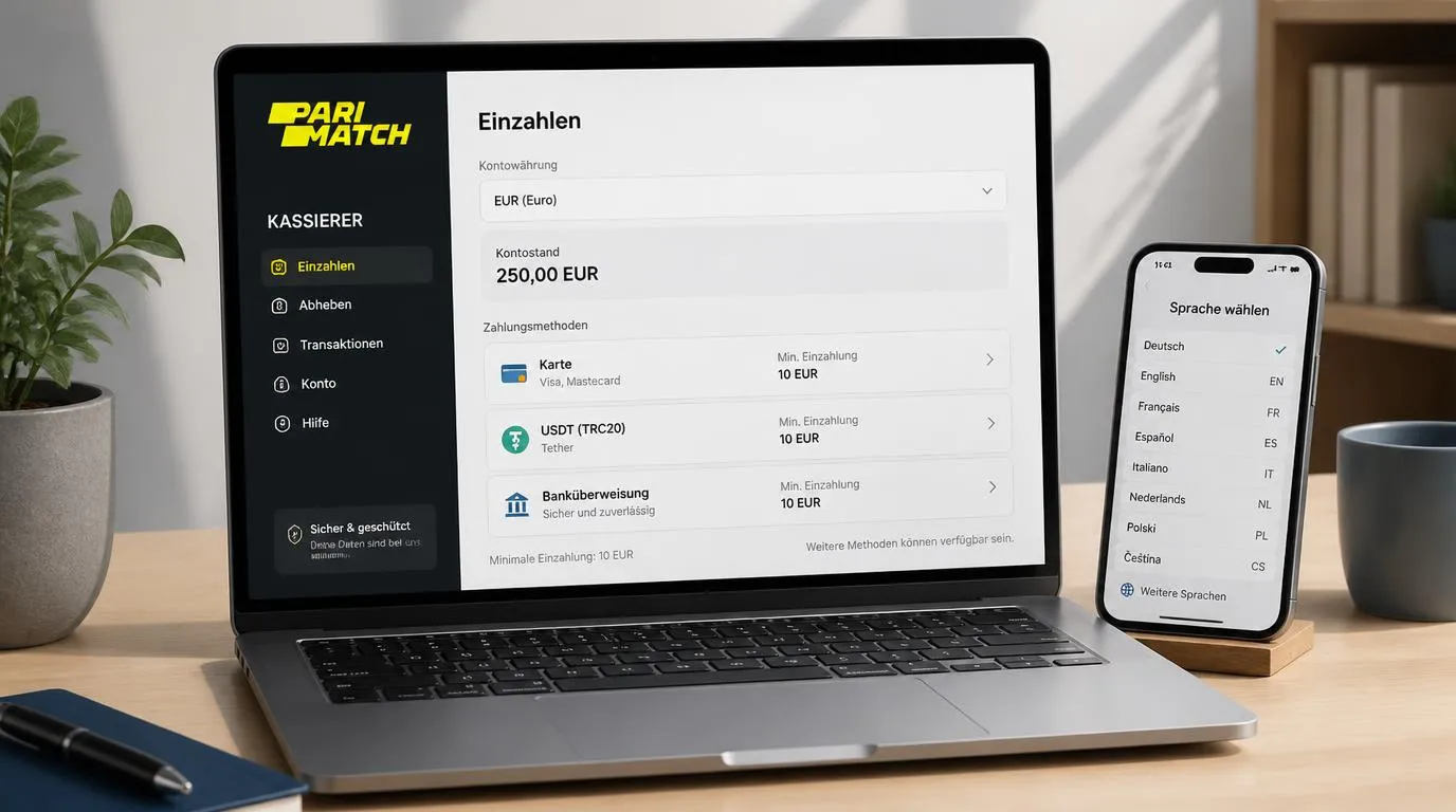 Casino-Kasse auf einem Laptop mit Kartenzahlung, USDT, Euro-Konto und Hinweisen zur Auszahlung