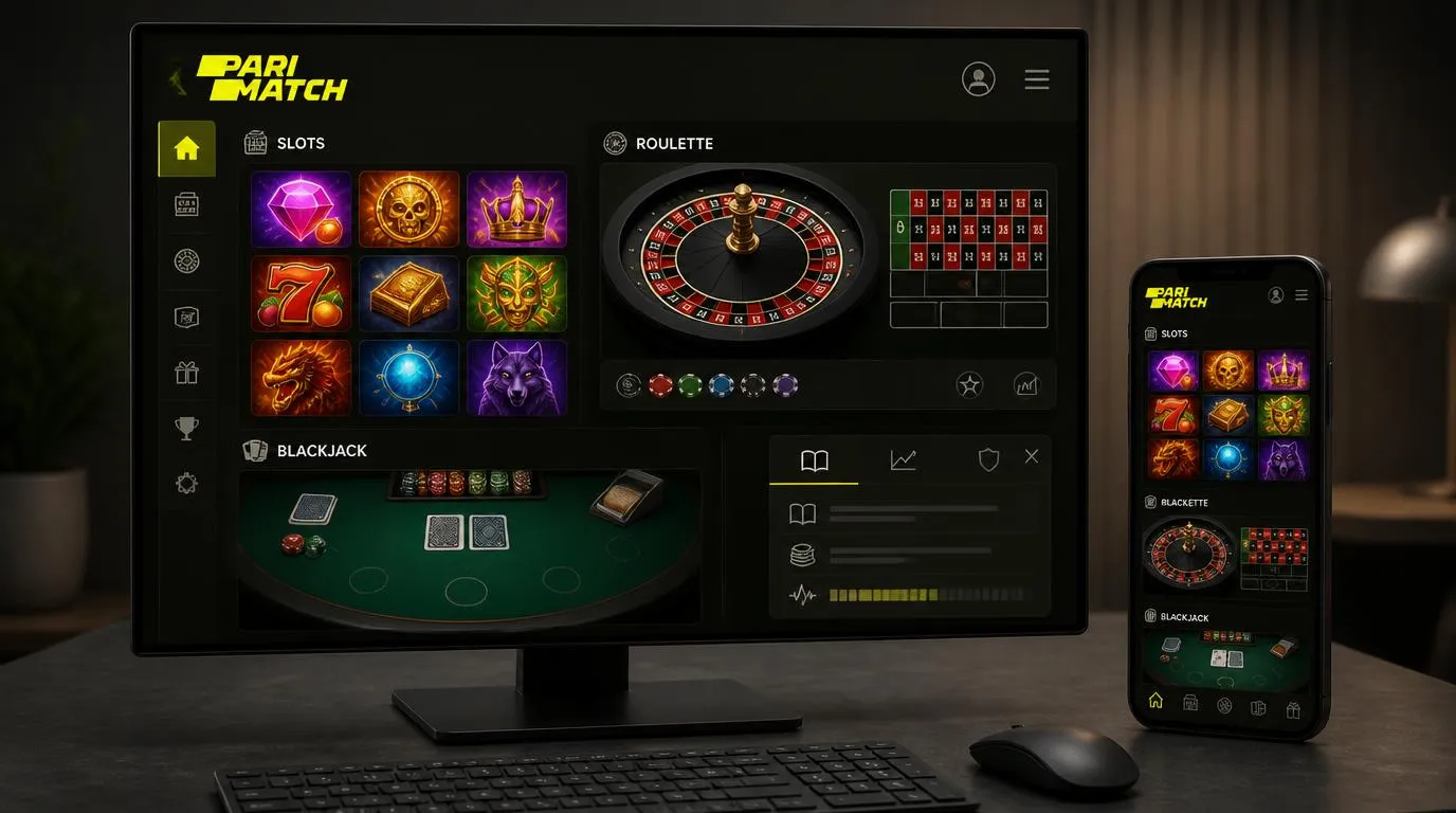 Casino-Lobby auf einem Bildschirm mit Slot-Kacheln, digitalem Roulette und sichtbaren Spielinformationen