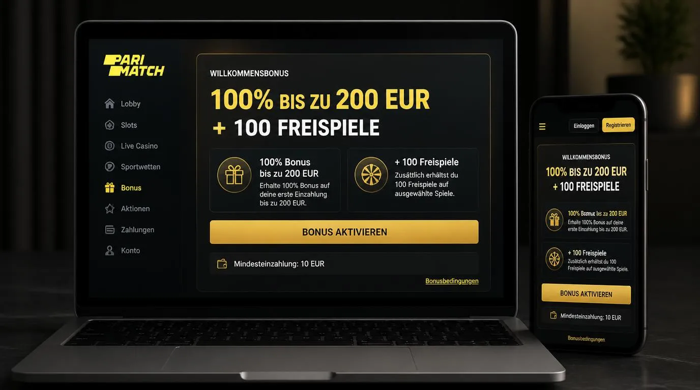 Illustrative Casino-Oberfläche mit Willkommensbonus, Freispielen und 10 € Mindesteinzahlung