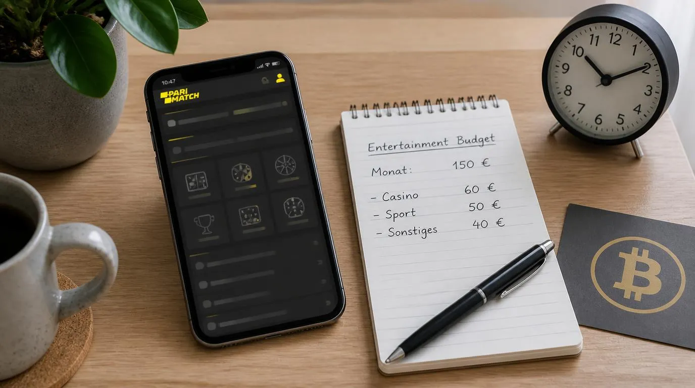 Smartphone mit Casinoansicht neben Notizblock für Spielbudget und Uhr